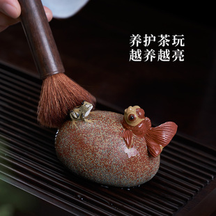 汉唐宜兴紫砂喷水茶宠摆件金鱼趣味茶宠可养茶玩茶具茶盘手工配件