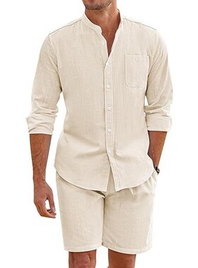 Cotton Linen Long Sleeve Shirt + Shorts Summer Men Two-Piece