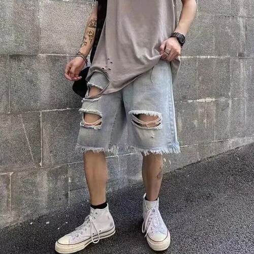 Men Vintage Hollow Out Ripped Design Straight Jean Short Pan