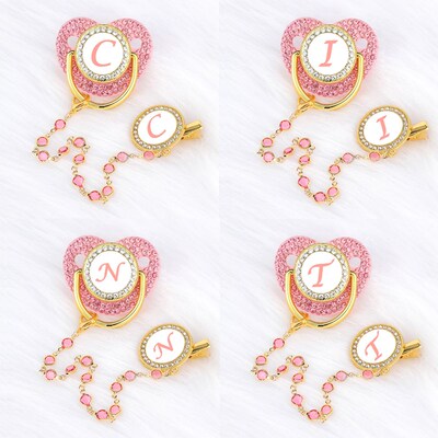 Pink Zircon Luxury Baby Pacifier Clip 26 Letters Newborn Per