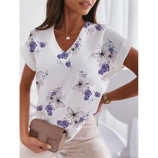 2023 Summer Women T-Shirts butterfly V-neck Sexy Tops Short
