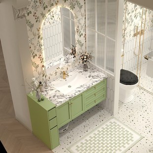 法式牛油果绿浴室柜岩板陶瓷无缝一体盆洗漱台卫生间半墙立柜