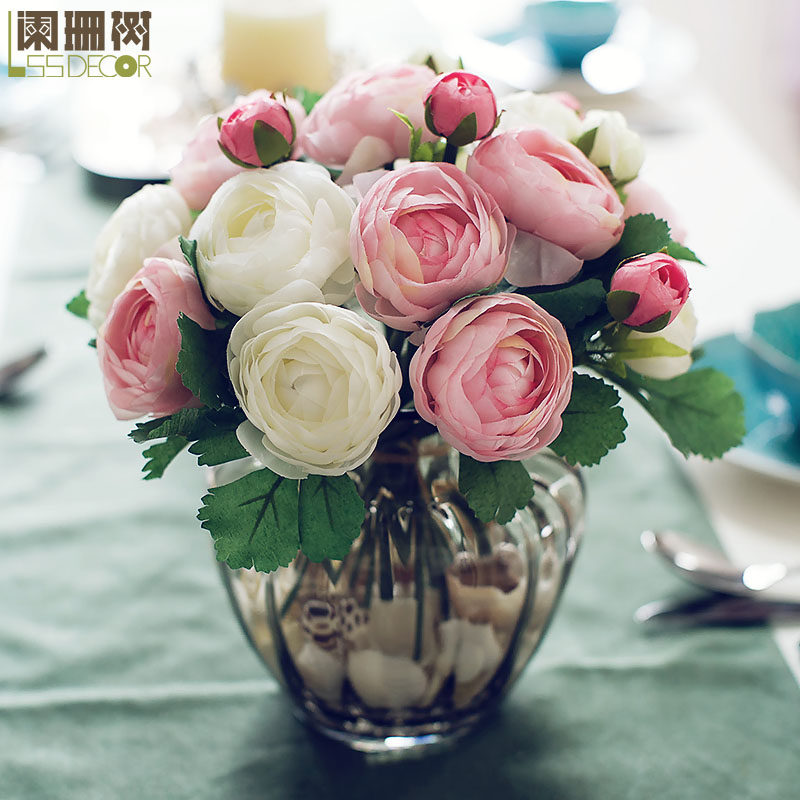 茶玫仿真花套装欧式典雅客厅餐桌白色绣球玫瑰假花玻璃透明彩色瓶