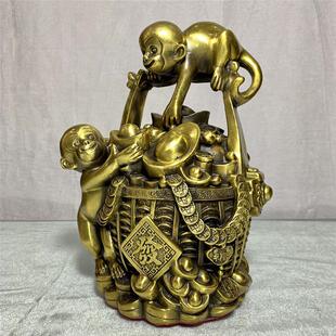 黄铜桶金猴子摆件一桶金家居摆设客厅卧室视频铜猴风水储蓄罐