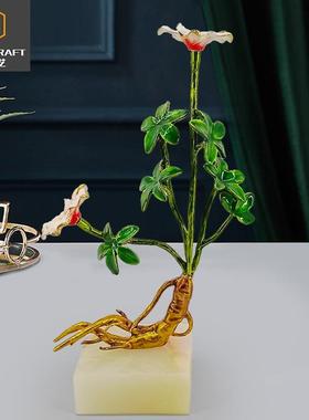 新款天然玉石售楼部板房软装饰品珐琅彩工艺仿真人参玄关酒柜摆件