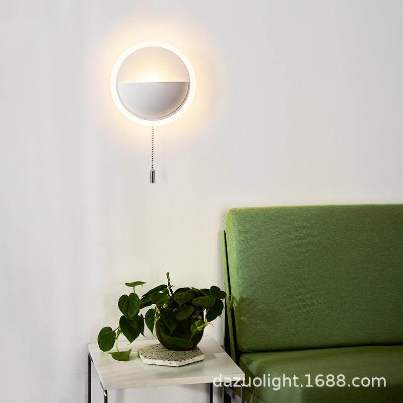 床头壁灯现代简约圆形拉线开关书房卧室LED灯亚克力带背光灯具,家装灯饰光源,壁灯,淘宝优惠券,粉丝福利购,淘宝优惠卷
