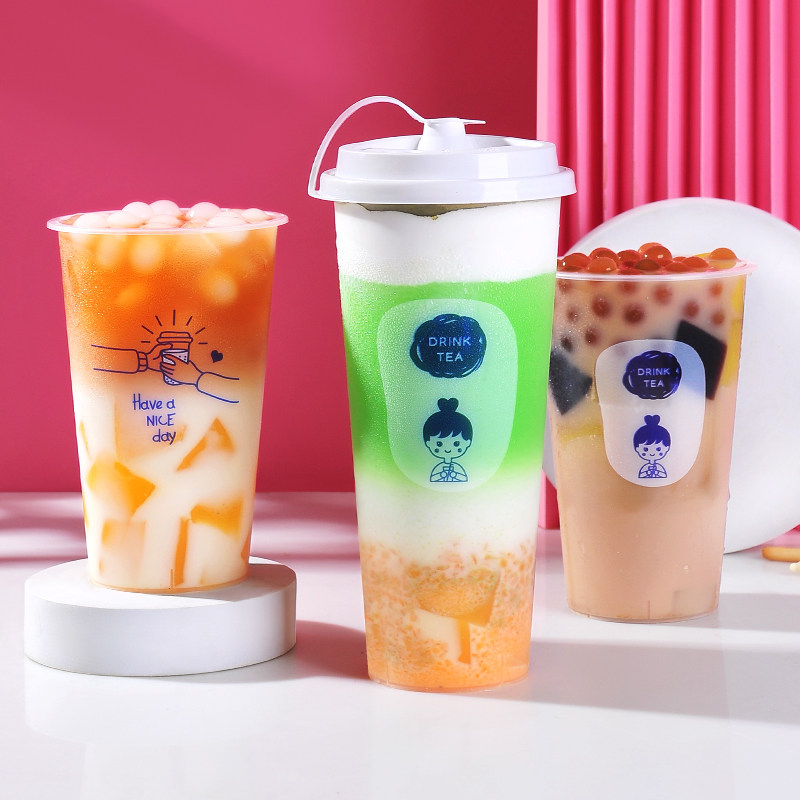 一次性90口径塑料加厚磨砂注塑带盖打包防漏水果汁定制珍珠奶茶杯