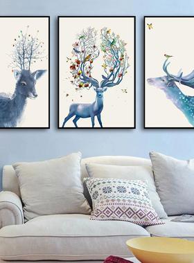 现代简约装饰画北欧三联蓝色鹿客厅餐厅挂画酒店民宿公寓无框画