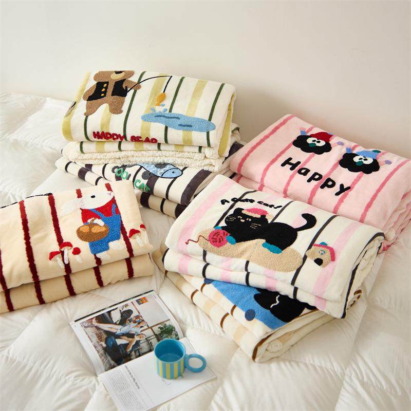 毛巾绣双层毯毛毯午睡毯子盖毯沙发宿舍卧室绒毯学生午休四季通用