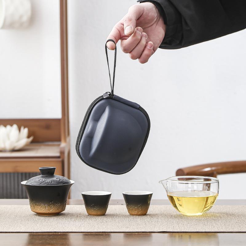 粗陶陶瓷旅行茶具一壶两杯便携式户外随身露营喝茶旅游玻璃快客杯