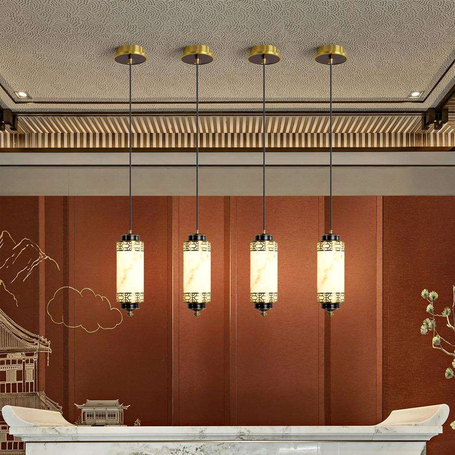 新中式吊灯仿云石旋转楼梯灯长线别墅复式楼床头吊线灯中山灯具