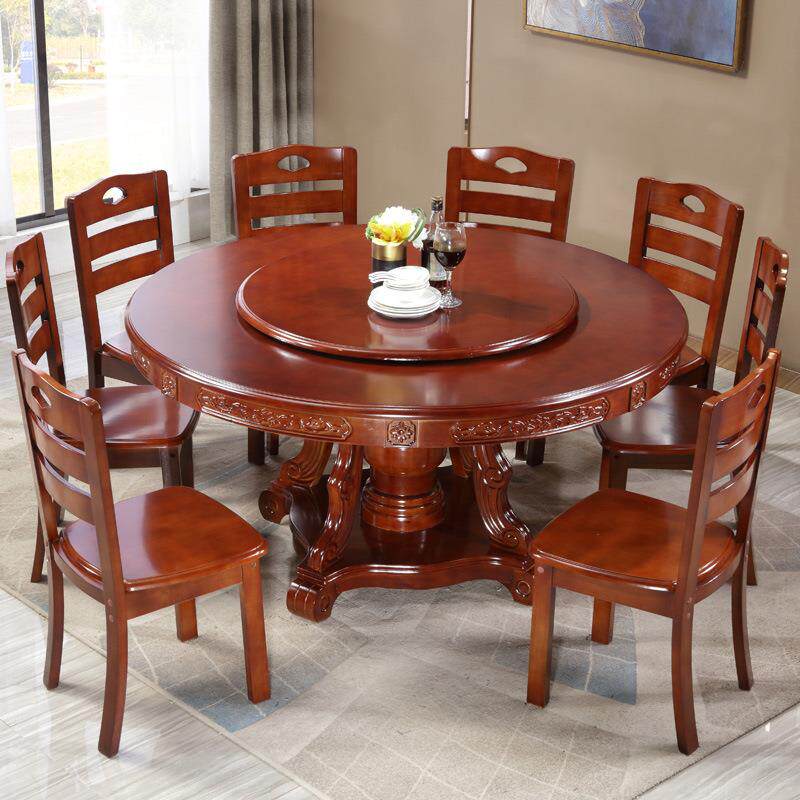 实木餐桌中式大圆桌带转盘吃饭桌子家用10人圆台饭店餐桌椅组合