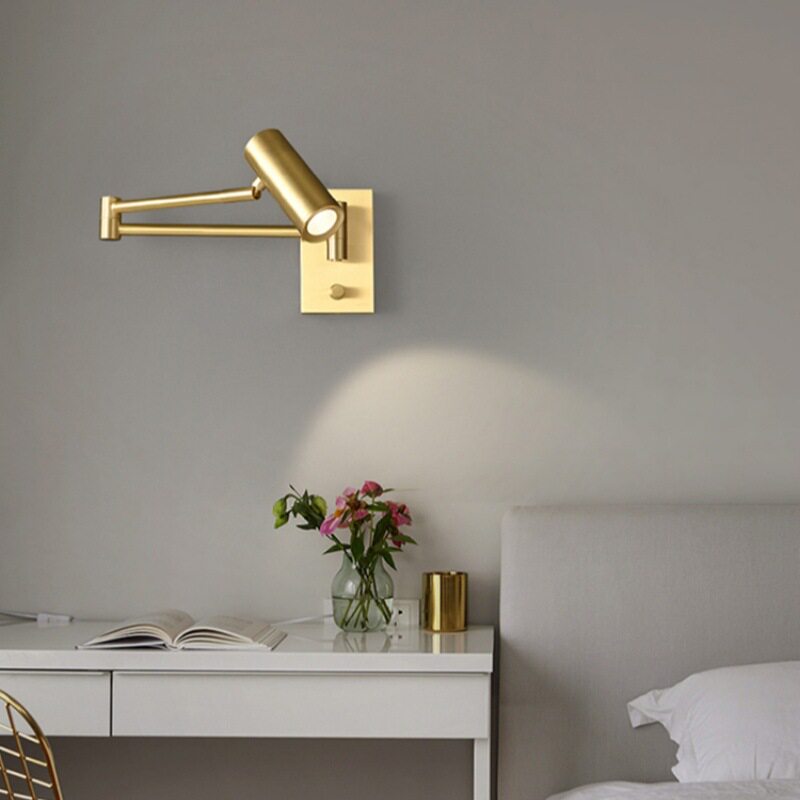 轻奢可伸缩书房壁灯长杆摇臂卧室床头客厅沙发旁阅读全铜旋转壁灯