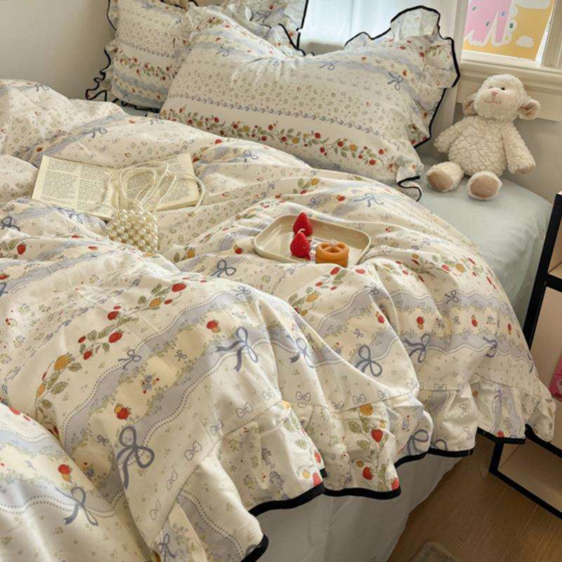 小清新荷叶边全棉印花四件套少女心纯棉床单被套学生宿舍三件套图片
