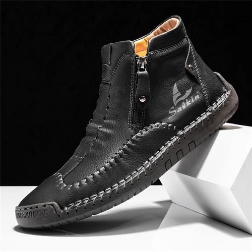 Mens Leather Casual Loafers Solid Color Sewing Style Vintag