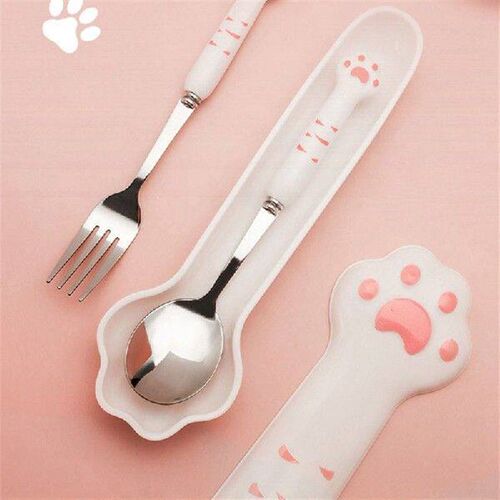 2PCSSet Cutlery With Box Holder Dinnerware Cute Cat Claw