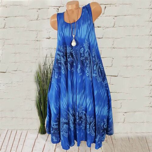 Women Summer Flower Print Sleeveless Round Neck Loose Shift