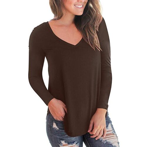 Womens Solid lor Base Shirt V-neck Long-sleeved Womens T-s