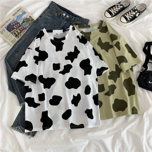 Woman Tshirts Cow Print Oversized Casual Loose Short Sleeve