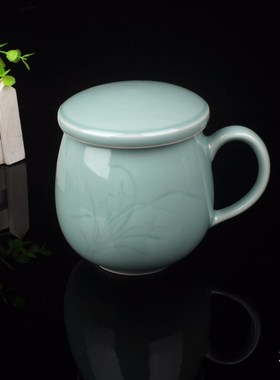 流转千年青瓷创意泡茶水杯陶瓷带茶漏带内胆兰花同心杯礼品茶杯