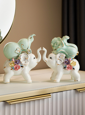 创意招财大象摆件电视柜客厅家居装饰酒柜玄关葫芦白菜陶瓷工艺品