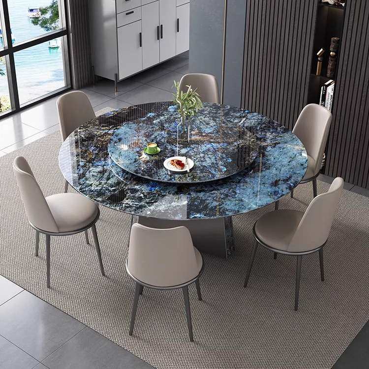 高端意式大理石圆餐桌轻奢微晶石带转盘饭桌家用超晶石餐桌椅组合