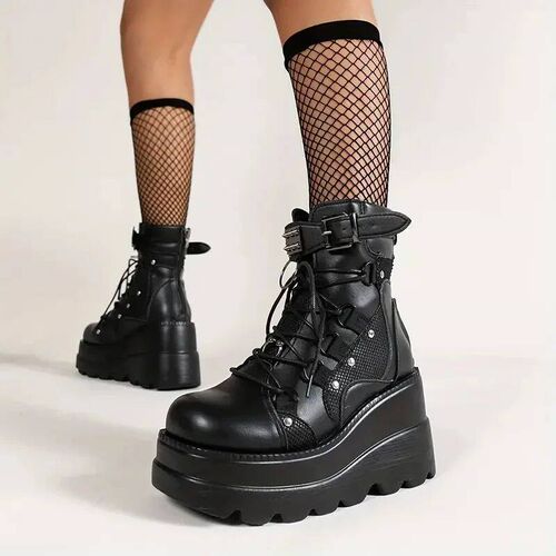 Women Goth Copl Wedge Combat Ankle Boot Fahion Stylih Punk