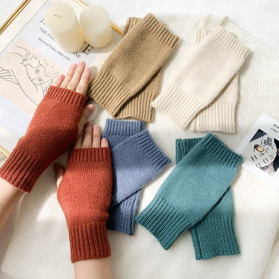 Winter Warm Fingerless Knitted Wool Gloves Women Men Solid S