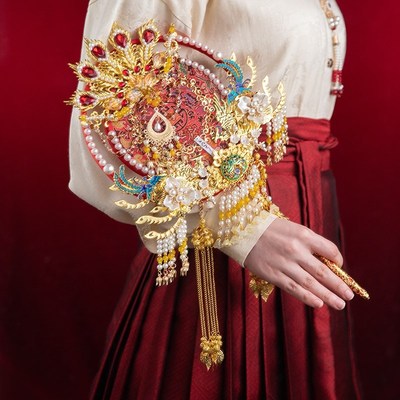 结婚团扇红色重工新娘出嫁高级流苏成品明制婚礼喜扇diy材料包