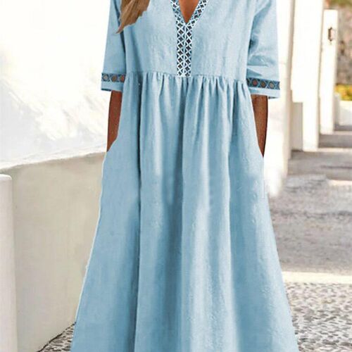 Elegant Hallow Out V Neck Short Sleeve A Line Cotton Blue Wh