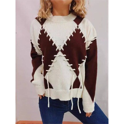 Fashion Panelled Sweater For Women Round Neck Full Sleeve La