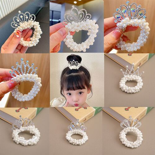 Crown Tiara Pearl Hair Ties Beads Girls Scrunchies Rubber Ba