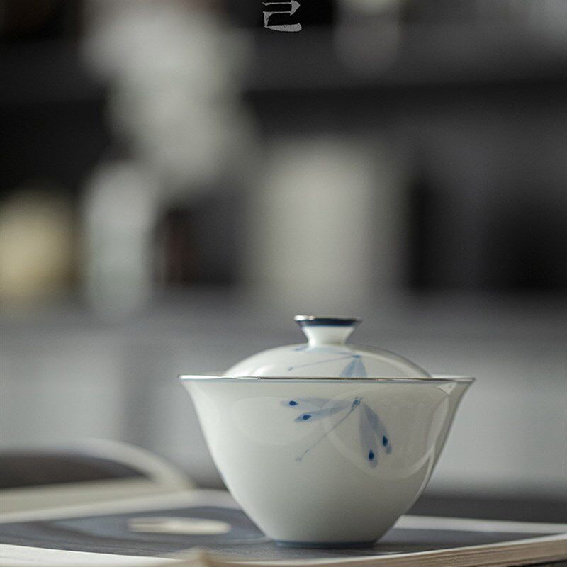 树上秋千青己玉瓷手绘陶瓷盖碗家用青花瓷泡茶碗茶杯白瓷功夫茶具