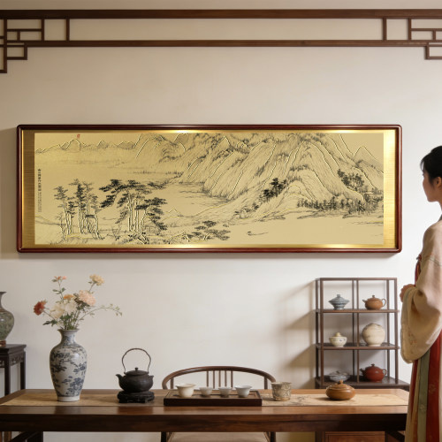 纯黄铜画富春山居图铜雕画新中式客厅装饰画实木挂画茶室沙发框画
