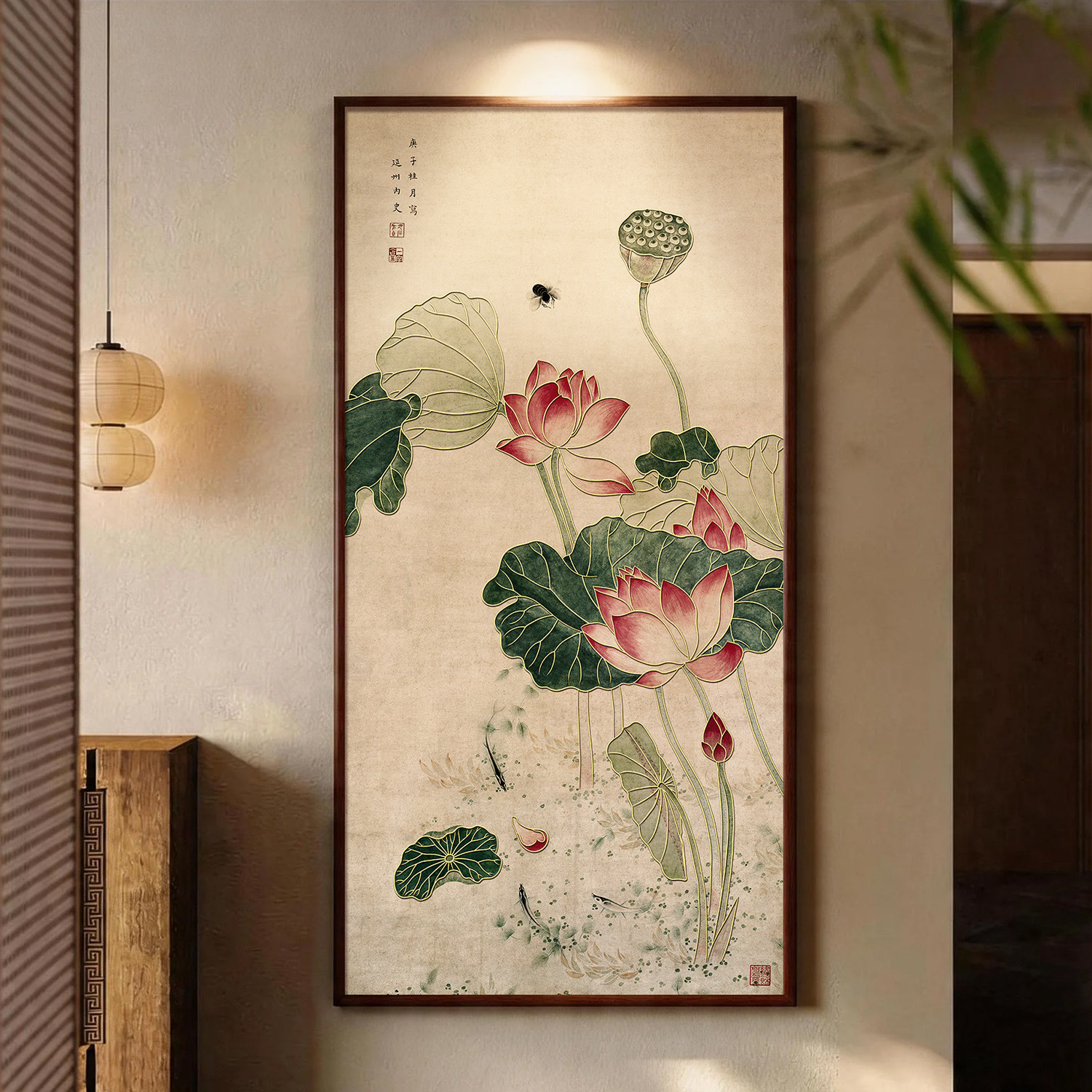 纯黄铜画张大千金线荷花铜雕画书房茶室玄关背景墙实木装饰挂框画