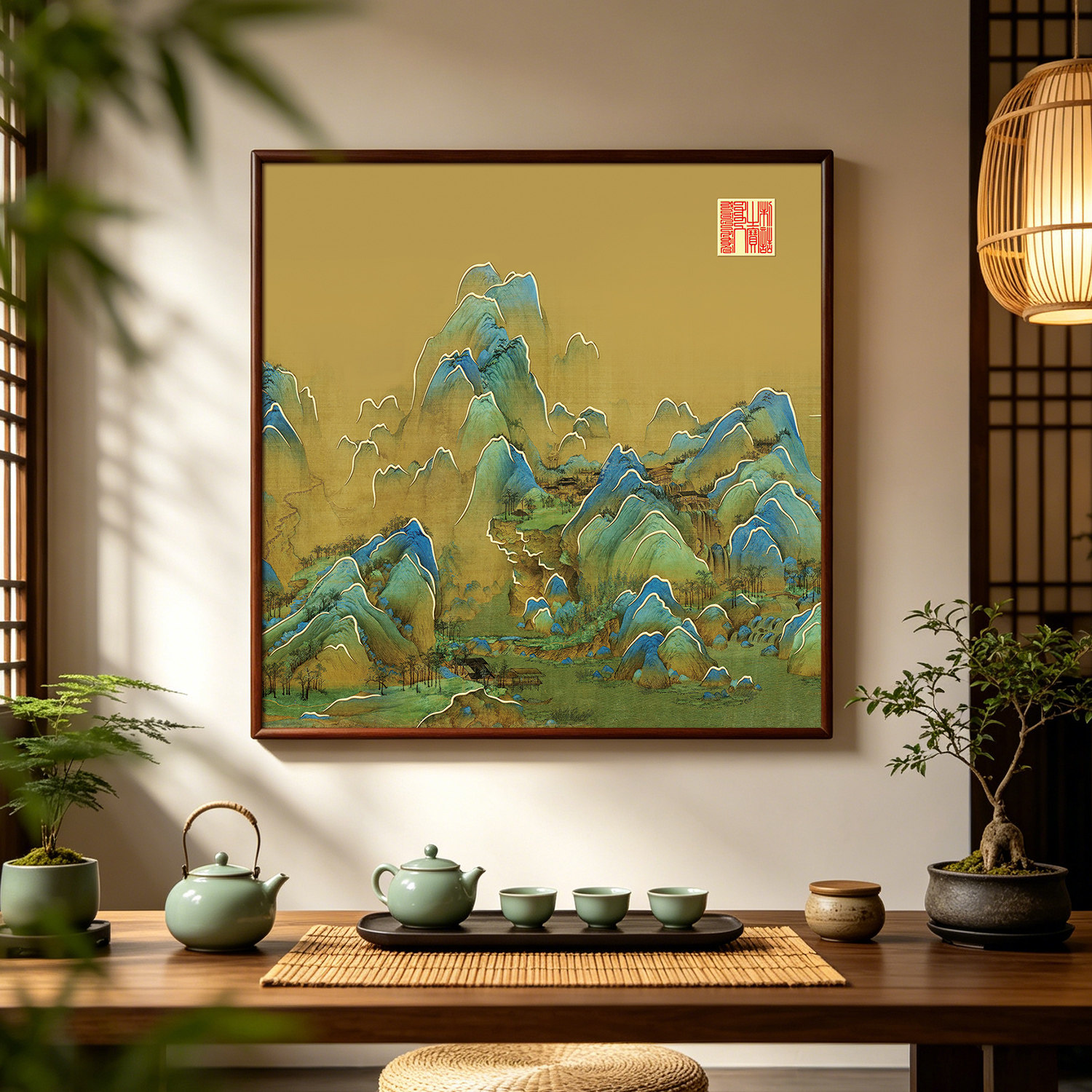 纯黄铜画千里江山图斗方铜雕画青绿山水饭厅背景墙实木装饰挂框画