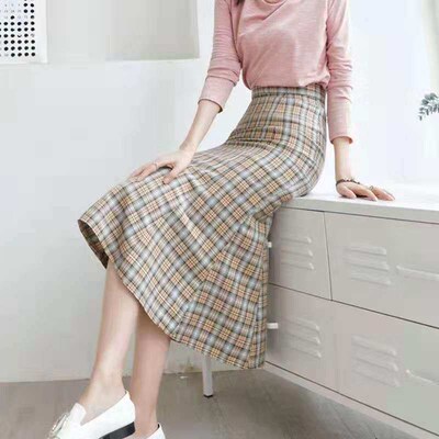 summer new style high waist figure-flattering plaid skirt fa