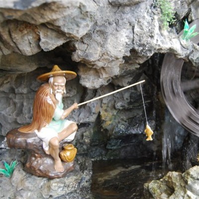 高21cm姜太公悠闲垂钓优雅陶瓷摆件别墅假山石山鱼池盆景配件