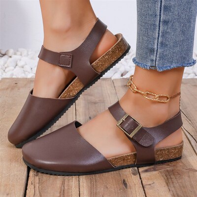 Softwood Clogs for Women Round Head Flat Buckle Sandals Euro