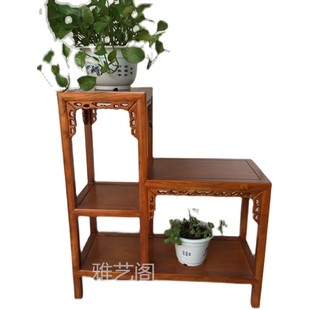 榆木实木花架盆景架高低柜二连体带板鱼缸架博古架多层仿古奇石架