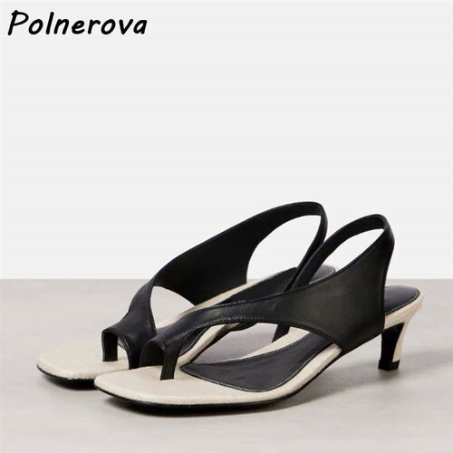 Black White Flip Flops Sandals Slip On Concise Square Toe