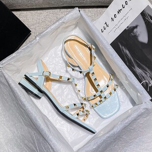 heel women ribbon Summer fashio thin low sandals 2023 rivets