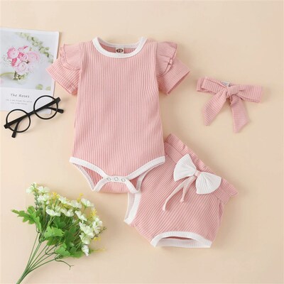 3Pcs Newborn Summer Baby Girls Clothes Set Toddler Button Ro