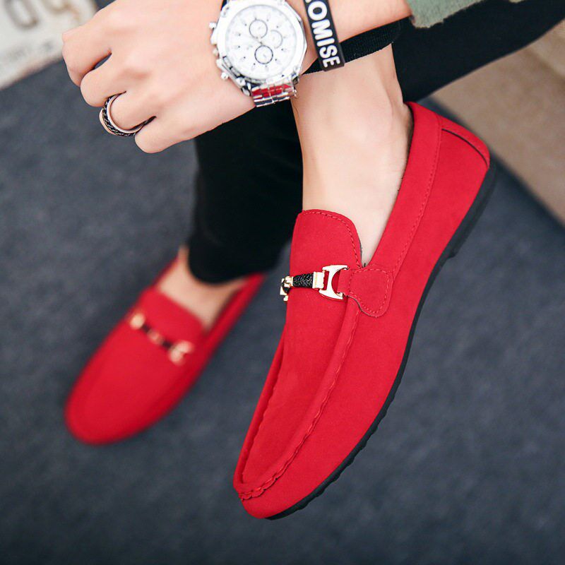 Mens Casual Shoes Red Loafers Cleat Shoes Metal Trim Adulto - 实物图