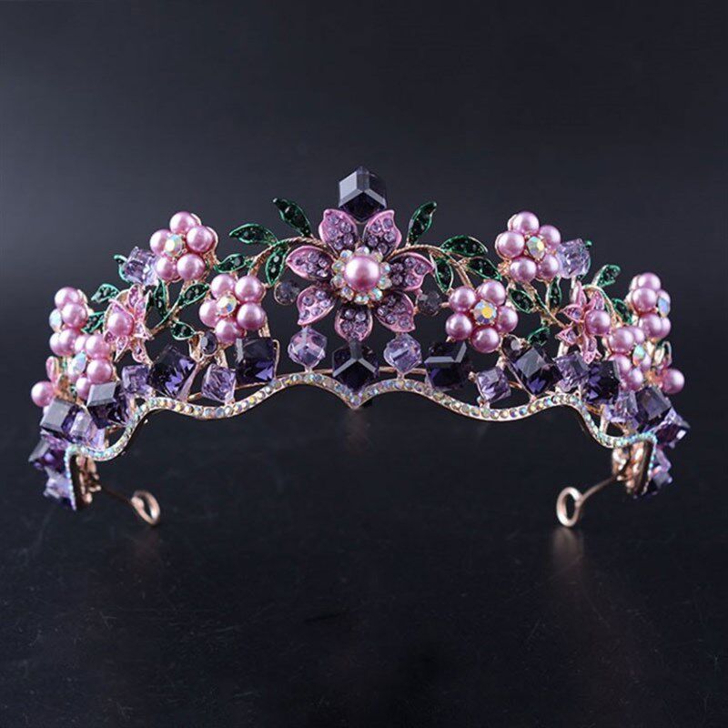 Luxury Baroque Purple Crystal Pearl Bridal Crown Tiara Magni
