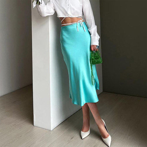 Elegant Purple Satin Silk Skirt Women Fashion Solid Office