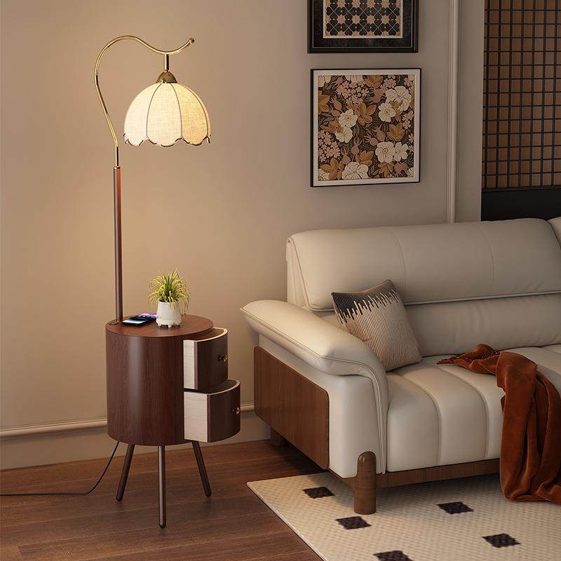中古风实木落地灯客厅沙发旁立式灯具卧室床头置物柜一体氛围地灯