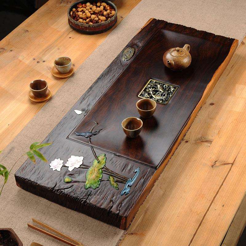 手绘茶盘黑檀木实木原木整块茶道茶具功夫家用客厅茶海彩绘大茶台
