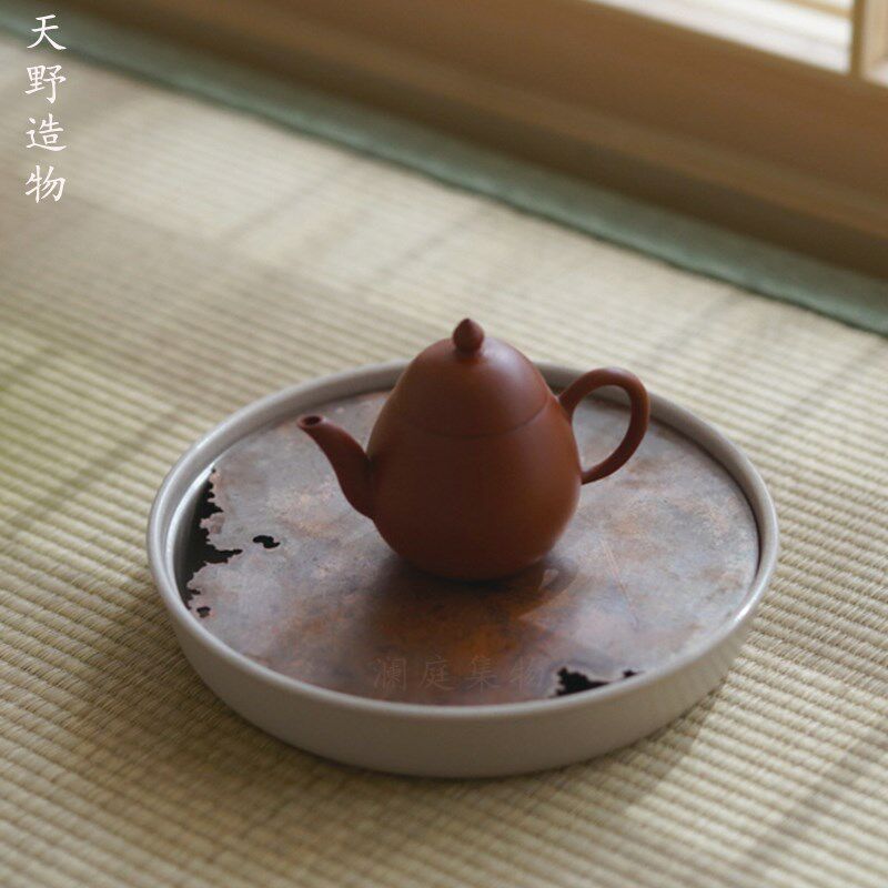 天野造物草木灰釉圆款开片纹铜盖壶承茶海托陶瓷小茶盘干泡盘建水