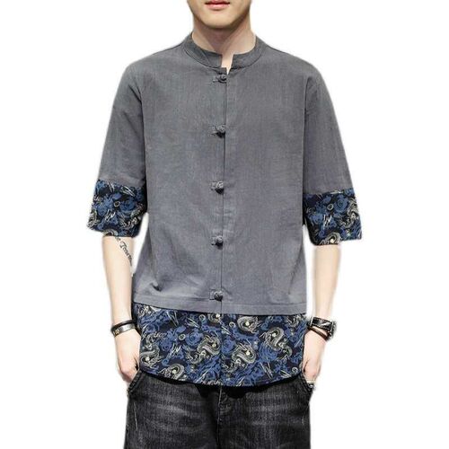 Summer Cotton and Linen Button ort-sleeved irt Casual Collar